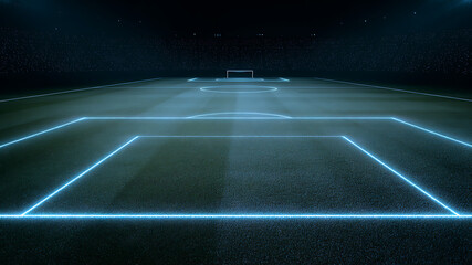 Futuristic Soccer Field with Glowing Blue Neon Lines in a Dark Stadium at Night