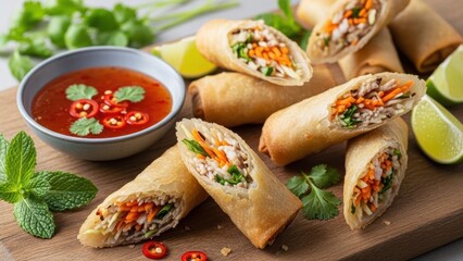 Crispy fried spring rolls with sweet chili sauce, lime, and fresh herbs on wooden board