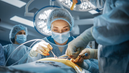 Professional female surgeon performing intensive surgery in a sterile operating room. Symbolizes medical expertise, precision, and healthcare dedication in a modern hospital setting.