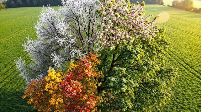 single tree in field, with crown divided into four colorful sections representing winter with frosty white branches, spring with pink blossoms, summer with lush green leaves, and autumn with bright