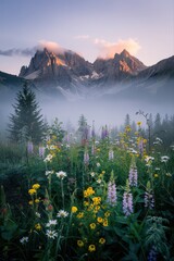 Majestic mountains above a vibrant wildflower meadow