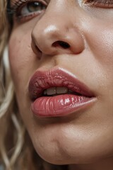 Close-up of woman's glossy lips and textured skin