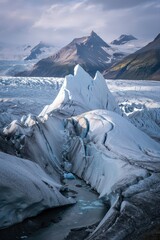 Majestic glacier landscape with rugged peaks.