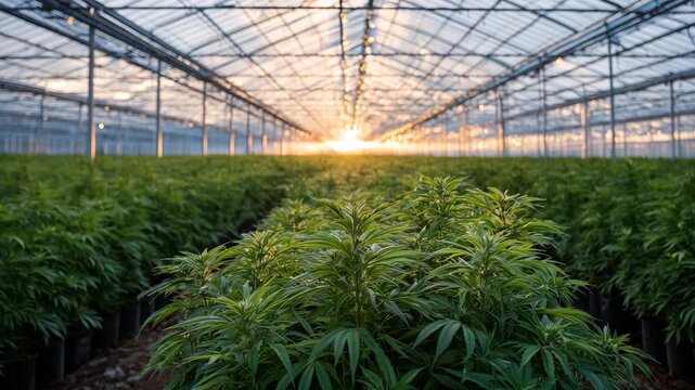 4Wide shot of a large greenhouse, golden sunlight pouring in from above, long rows of potted cannabis plants stretching into the distance, glowing softly in the warm dusk atmosphere