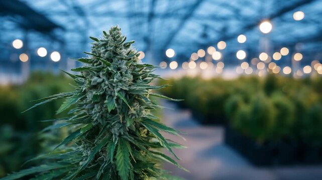 5Cinematic macro shot, focus on a single cannabis bud sparkling in the setting sun, background filled with softly blurred rows of potted plants and glowing greenhouse beams.