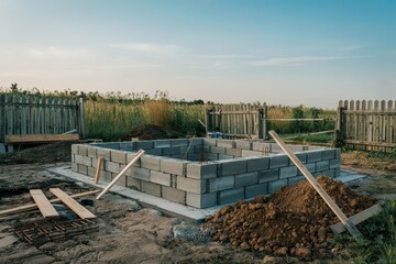 Early stages of a building foundation at sunset.