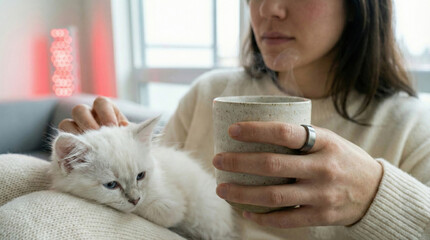 Woman petting a cute white kitten on her lap while holding a ceramic coffee cup, wearing a smart ring in a cozy living room setting.