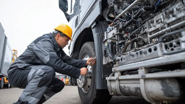 Medium shot of a technician tuning a diesel engine in a large truck to maximize power output and fuel efficiency under heavy load conditions