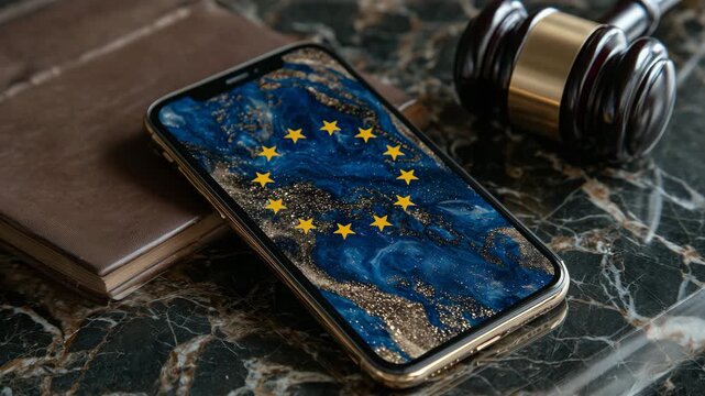 10Modern smartphone screen showing the EU flag in vivid blue and gold, arranged beside judicial tools on a deep marble tabletop, creating a visual metaphor for European digital right