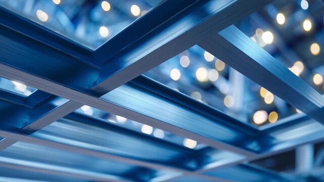 11Highly detailed shot of steel beams arranged in parallel lines, glowing softly from ambient blue warehouse light, emphasizing structure, order, and industrial precision.