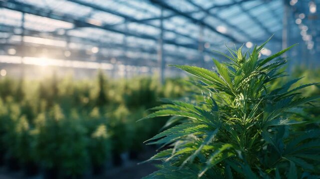 12High-detail close-up of cannabis leaves, sunlit edges glowing in the evening light, rows of potted plants stretching behind under the long glass roof.