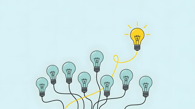 creative light bulb rising above a group of dim bulbs representing unique business innovation leadership startup success technology strategy and modern digital transformation ideas