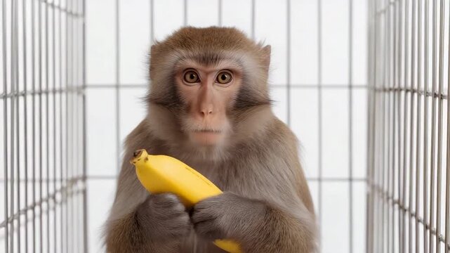 Captive monkey holding a banana in a cage