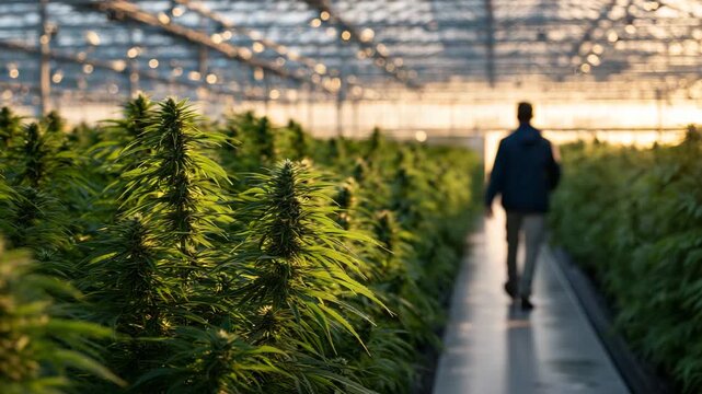 15Cinematic aisle shot, rows of tall cannabis plants bathed in golden sunset light, warm shadows stretching across the floor, glass roof reflecting amber tones.