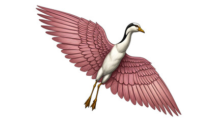 Vibrant vector illustration of an elegant white bird in mid-flight, featuring striking pink feathered wings and a distinctive head pattern, embodying grace and avian beauty
