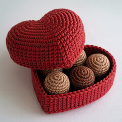 Crochet heart box filled with yarn balls, handmade craft and love concept isolated on white background