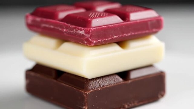 Stack of gourmet dark white and ruby chocolate bars sweet treat