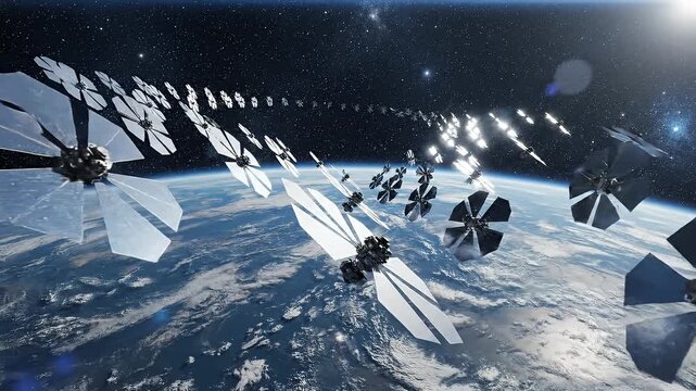 Solar Sail Fleet Departing Earth, Multiple Spacecraft Using Sunlight Propulsion in Clean Futuristic Science Fiction Setting