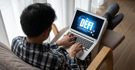 Decentralized finance or DeFi concept on modish computer screen . The defi system give new choice of investment and money saving .