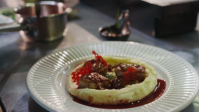 Close up shot of beautiful fine dining entree dish of duck breast on mashed potato puree with unrecognizable cef putting green garnish on top while plating dishes in restaurant kitchen, copy space