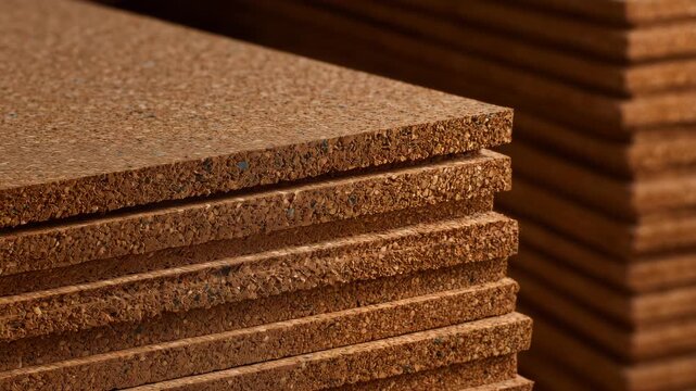22Angled close-up of cork sheets stacked in uniform rows, showcasing surface irregularities, natural speckles, and matte textures illuminated by gentle side lighting.
