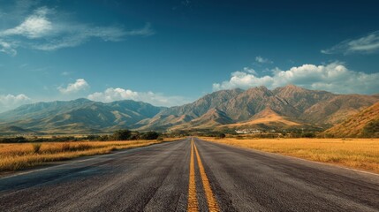 A road runs straight through a wide valley with mountains in the background. The sun shines brightly. Grass and trees line the sides of the road.