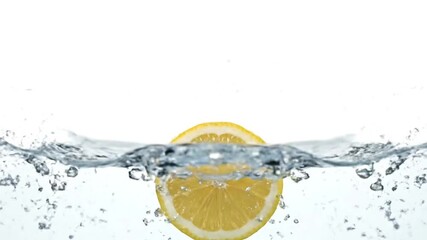 Vibrant lemon slice drops into pristine water with a refreshing splash - Powered by Adobe