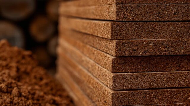 25Macro detail shot of cork building sheets stacked tightly, showing sponge-like texture, earthy color gradients, and compressed grain with dramatic soft lighting.
