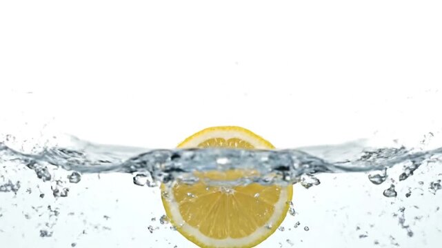 Vibrant lemon slice drops into pristine water with a refreshing splash