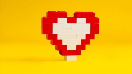 Obraz premium Large heart built with toy blocks on a vibrant yellow background. Concept of building a strong relationship or love