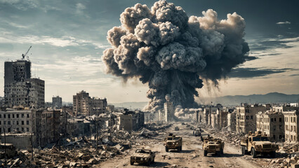 City with massive bomb explosion, thick smoke. Devastated cityscape, destroyed buildings, military vehicles presence, rubble. War destruction zone, ruin apocalyptic atmosphere, conflict, chaos.