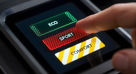 A close-up photograph of dark touch screen showcasing three car drive modes in which a fingers in touching the sports mode button.