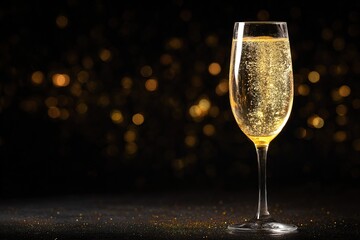 close-up clear glass holds sparkling drink with bubbles rising to top. background is dark and there are shiny spots that create festive atmosphere, suggesting celebration