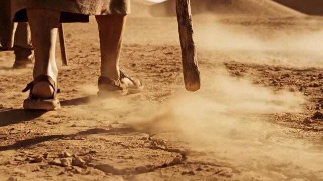 Man walking through a dry, dusty desert kicking up sand with a stick, journeying across arid land