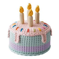 Crochet birthday cake plush with sprinkles and candles, handmade amigurumi dessert isolated on white background