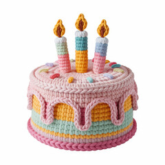 Crochet birthday cake plush with candles, handmade amigurumi celebration dessert isolated on white background
