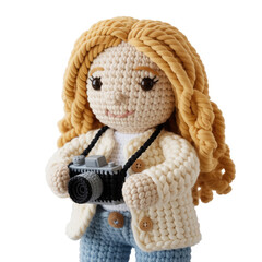 Crochet blonde photographer doll holding camera, handmade amigurumi creative toy isolated on white background