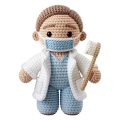 Crochet dentist doll wearing face mask and holding toothbrush, handmade amigurumi dental professional isolated on white background