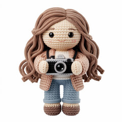 Crochet photographer girl doll with camera, handmade amigurumi creative figure isolated on white background