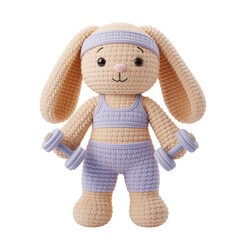 Crochet fitness bunny doll in workout outfit, handmade amigurumi sporty rabbit isolated on white background