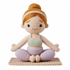 Crochet fitness doll sitting cross legged, handmade amigurumi wellness figure isolated on white background