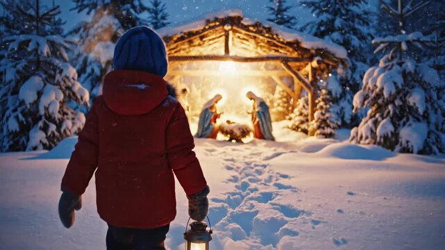 Kid with lantern walking through snow toward glowing nativity scene at Christmas night. Winter holiday celebration.