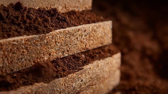 33Macro perspective of cork sheets showing layered density, organic imperfections, and intricate texture, with soft shadows highlighting the natural material structure.