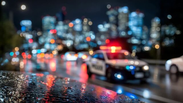 37Cinematic angle of a police car on rain-slicked streets, vibrant red and blue lights reflecting off puddles, urban skyline softly blurred in colorful bokeh, dramatic city night moo
