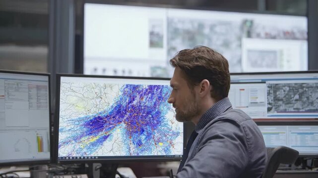 Medium shot of a meteorologist analyzing realtime weather data on multiple screens enhancing disaster preparedness with advanced analytics.
