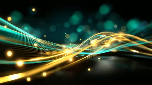 Glowing turquoise and golden light streams flowing in parallel lines, futuristic network visualization effect, dark background with bokeh elements defocused, with copy space