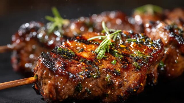 41Rich, high-contrast close-up of skewered grilled meat showing caramelized edges, textured surface, and glossy marinade reflections set against a dark kitchen backdrop.