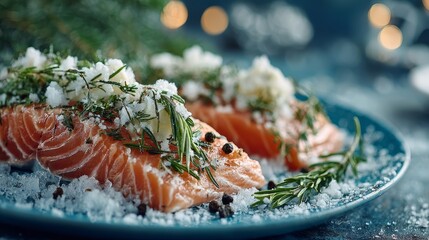 Cured Norwegian salmon fillet with herbs, salt, and peppercorns on ice, set against festive bokeh for holiday dining or gourmet celebration themes