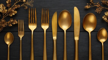 Utensils made of gold are lined up in an organized way on a dark surface. Decorative plants are placed on both sides adding to the display.