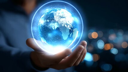 Hand holding digital hologram of globe faceless, global connectivity and technology symbolism, tech articles and presentations, innovation-themed projects, defocused lights, with c - Powered by Adobe